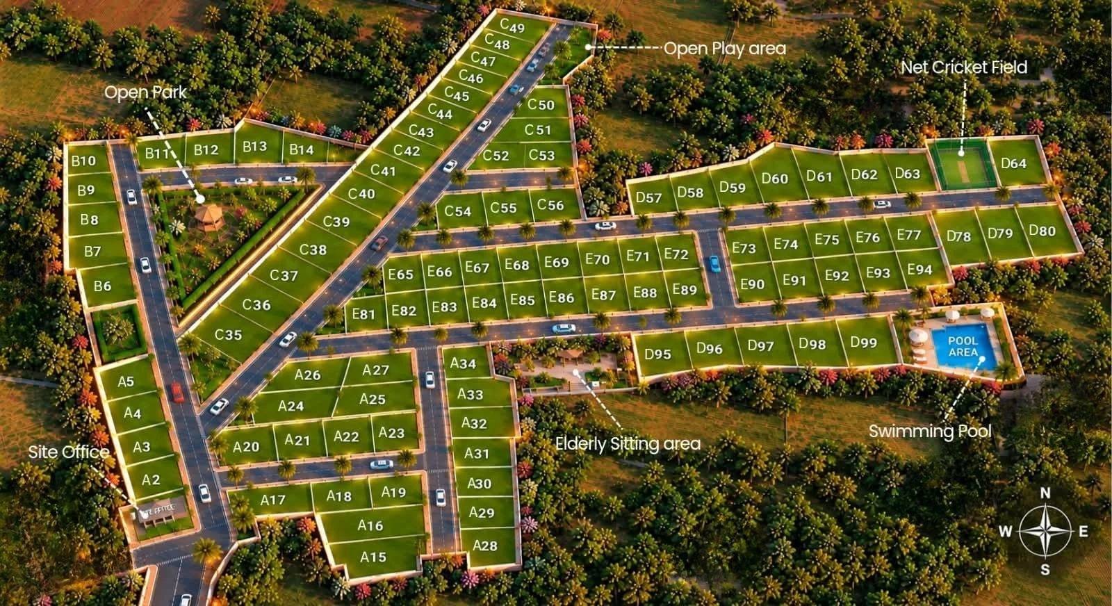 Aerial master layout showing Blocks A to E, internal roads, green zones, pool, cricket nets, play area and site office
